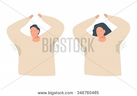 The Man And Woman Raise Their Hands Up And Show Sweaty Armpits. They Do Not Like It And They Have Up