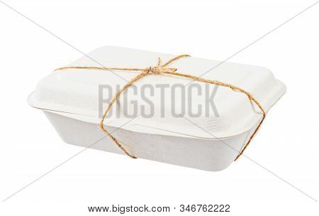 Bagasse Box For Food Isolated On White Background, Saved Clipping Path. It Is Made From Nature Go Gr