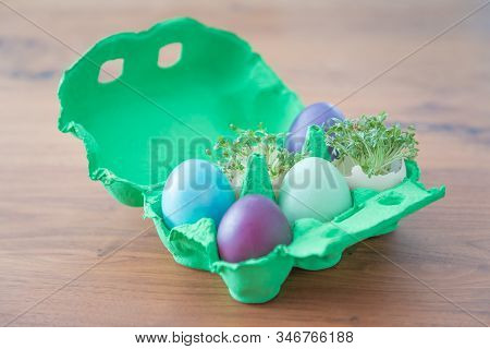 Decorative Handmade Easter Egg Present Box With Eggs And Cress. Beautiful Decoration Easternest Bask
