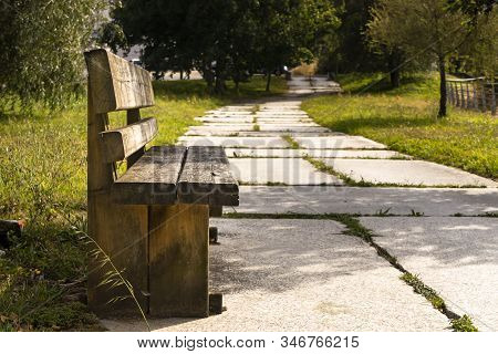 Wooden Bench In An Abandoned Park On Summer