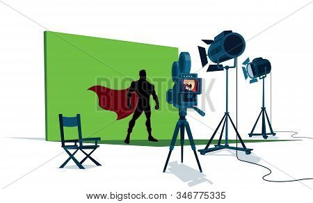The Set Of A Superhero Movie With The Leading Actor In Front Of The Camera And With Green Screen Beh