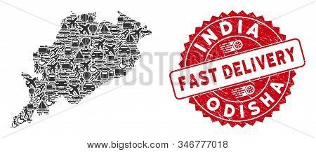 Delivery Collage Odisha State Map And Rubber Stamp Watermark With Fast Delivery Words. Odisha State 