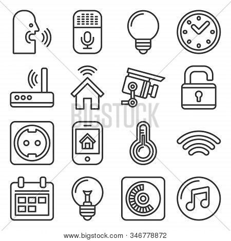 Smart Home And Voice Control Icons Set. Line Style Vector