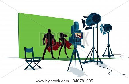 The Set Of A Superhero Movie With The Leading Actors In Front Of The Camera And With Green Screen Be