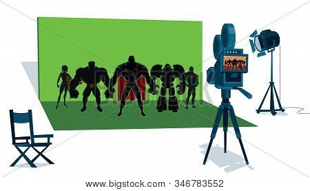 The Set Of A Superhero Movie With The Leading Actors In Front Of The Camera And With Green Screen Be