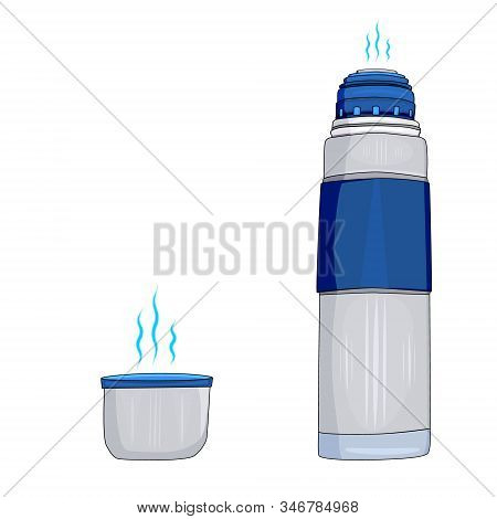 Blue Thermos Flask With A Cup Isolated On White Background. Large Thermos For Hiking And Travel. Por