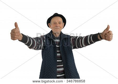 Confident, Calmy Senior European Man With Double Thumbs Up Gesture, Dressed In Casual Clothes And Bl