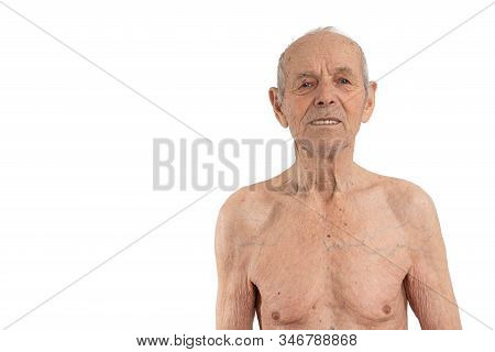 Confident Calmy Old Shirtless Man Looking At The Camera, Isolated Over White Background, Copyspace F