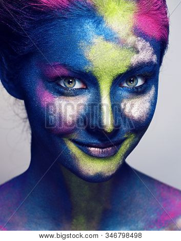 Beauty Woman With Creative Make Up Like Holy Celebration In India Closeup