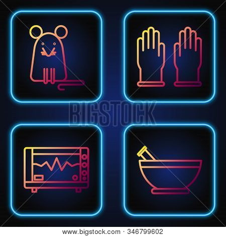 Set Line Mortar And Pestle, Computer Monitor With Cardiogram, Rat And Rubber Gloves. Gradient Color 