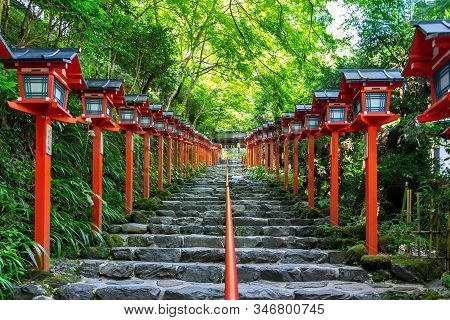 The Red Traditional Light Pole At Kifune Shrine, Kyoto In Japan.