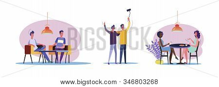 Set Of Casual Men And Women Talking To Each Other. Flat Vector Illustrations Of People Enjoying Each