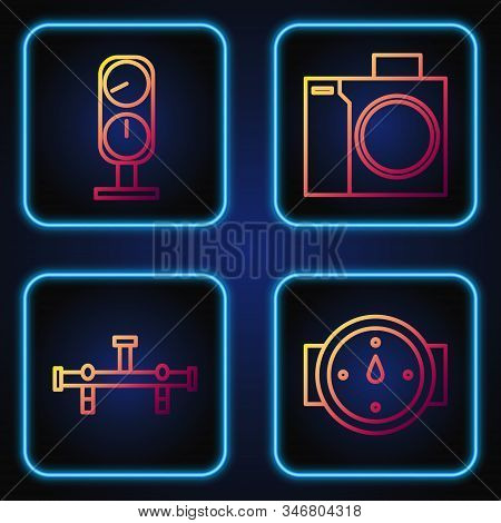Set Line Wind Rose, Manifold, Gauge Scale And Photo Camera For Diver. Gradient Color Icons. Vector