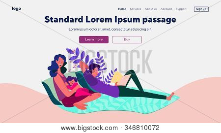 Family Enjoying Leisure Time. Couple With Sleeping Kid Lying On Blanket Flat Vector Illustration. We