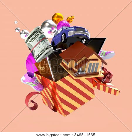Flying Prezentation Box With Gifts. - 3d, 3d Rendering