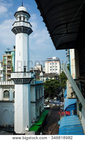 Yangon, Myanmar - December 29, 2019: Mogul Shiah mosque's minaret tower