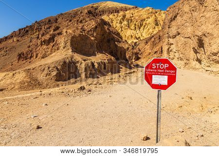 Death Valley, California, Usa- 02 June 2015: Stop Sign Before Entering The Golden Canyon Trailhead. 