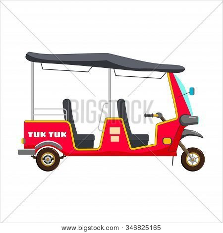 Tuk Tuk Asian Auto Rickshaw Three Wheeler Tricycle Red. Thailand, Indian Countries Baby Taxi. Vector
