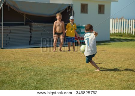 10 Th June, 2018, Sousse, Tunisia. Kids Animation In A Concord Green Park Hotel. Boys Playing Footba