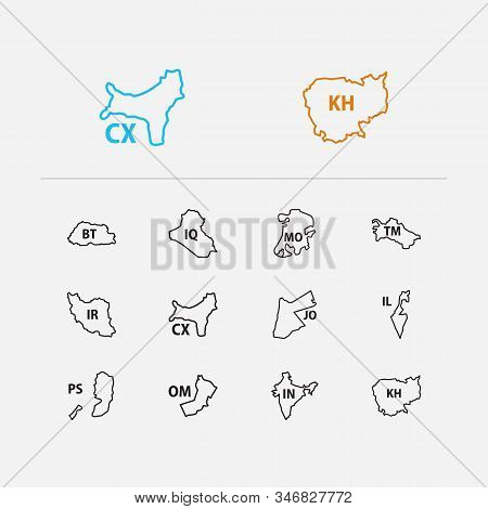 Asian Map Icons Set. Bhutan And Asian Map Icons With Oman, Iraq And Macau. Set Of Geographical For W