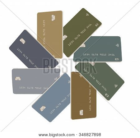 Eight Mock Generic Credit Cards Or Debit Cards  In Subdued Pastel Colors Are Arranged In A Circular 