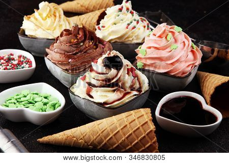 Soft Ice Cream In Flavor Vanilla, Chocolate And Strawberry. Delicous Creamy Refreshing Ice Cream