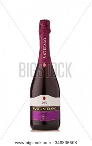 St.Petersburg, Russia -  January 2020  - Bottle of Santo Stefano Rosso Amabile semisweet red sparkling wine isolated on white background.