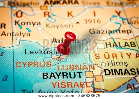 Prague, Czech Republic - January 12, 2019: Red Thumbtack In A Map. Pushpin Pointing At Lefkosia City