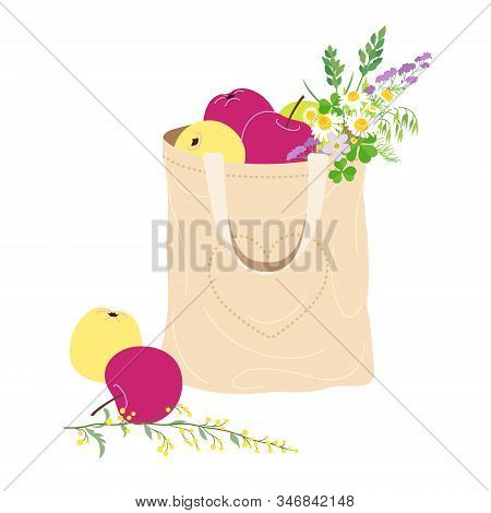 Textile Eco Bag With Apples And Wildflowers Isolated On White. Simple Ecobag With Natural Fruits And