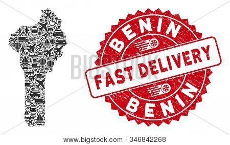 Logistics Mosaic Benin Map And Grunge Stamp Seal With Fast Delivery Caption. Benin Map Collage Compo