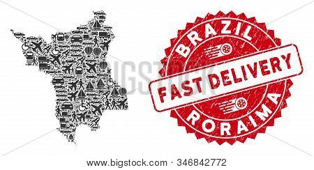 Shipment Collage Roraima State Map And Grunge Stamp Watermark With Fast Delivery Badge. Roraima Stat