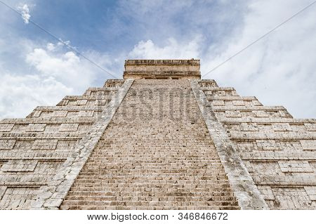 Chichen Itza, Yucatan, Mexico - April 17, 2017: Close-up On The Temple Of Kukulcan (