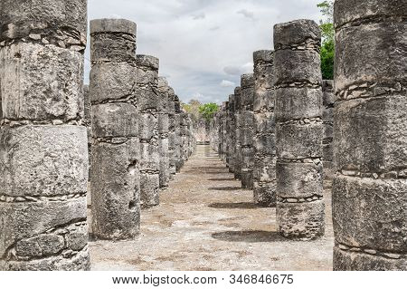 Thousand Columns Structure - Mayan Ruins Featuring Carved Pillars At Chichen Itza Archaeological Sit