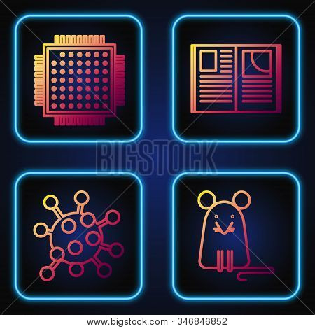 Set Line Rat, Bacteria, Processor And Open Book. Gradient Color Icons. Vector