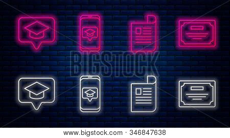 Set Line Graduation Cap On Screen Smartphone, Document, Graduation Cap In Speech Bubble And Certific