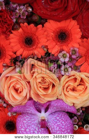 Pink And Orangeflowers In A Big Wedding Centerpiece, Roses And Gerberas