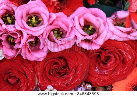 Pink And Orangeflowers In A Big Wedding Centerpiece, Roses And Gerberas