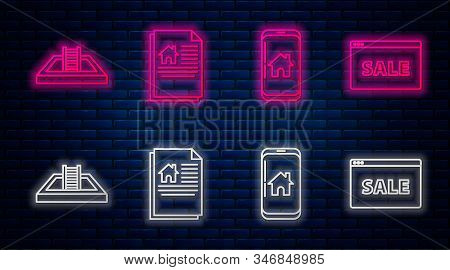 Set Line House Contract, Mobile Phone With Smart Home, Swimming Pool With Ladder And Hanging Sign Wi