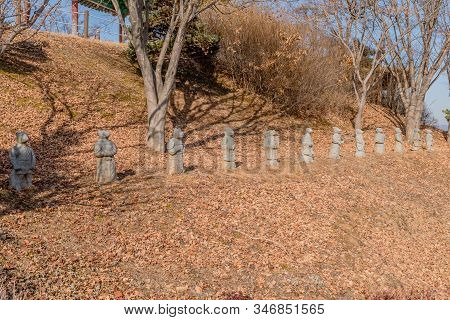 Daejeon, South Korea; January 16, 2020: Twelve Concrete Animal Like Statues Representing Twelve Guar