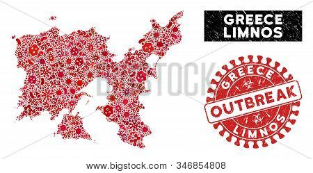 Virus Mosaic Limnos Greek Island Map And Red Grunge Stamp Seal With Outbreak Caption. Limnos Greek I