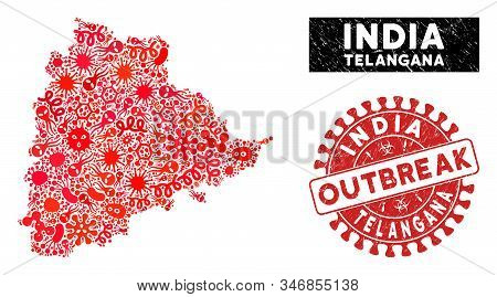 Biohazard Collage Telangana State Map And Red Rubber Stamp Seal With Outbreak Phrase. Telangana Stat