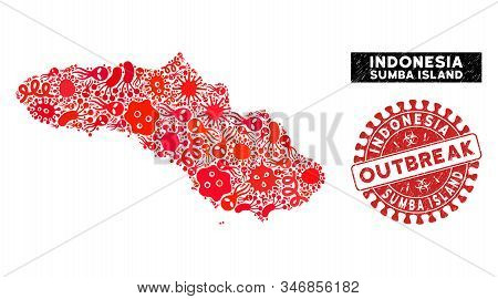 Outbreak Collage Sumba Island Map And Red Corroded Stamp Seal With Outbreak Words. Sumba Island Map 