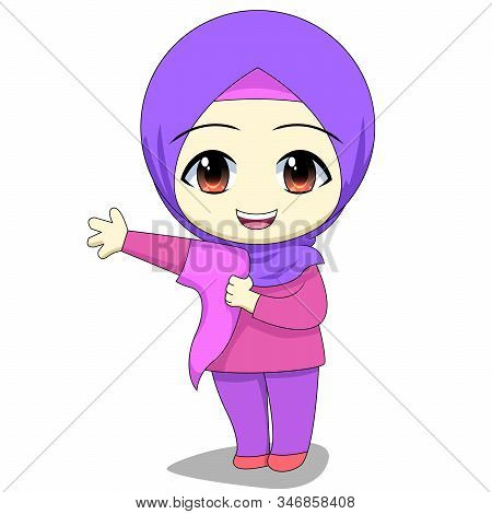 Chibi Muslim Female Cartoon Characters. Daily Activities Of Children, Are Practicing Wearing Their O