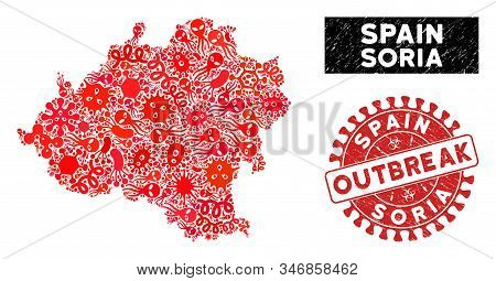 Outbreak Collage Soria Province Map And Red Grunge Stamp Seal With Outbreak Badge. Soria Province Ma
