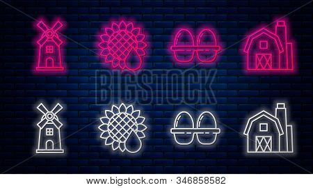 Set Line Sunflower, Chicken Egg In Box, Windmill And Farm House Concept. Glowing Neon Icon On Brick 