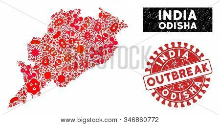 Outbreak Mosaic Odisha State Map And Red Corroded Stamp Seal With Outbreak Message. Odisha State Map