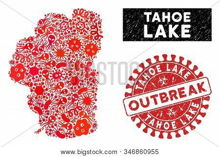 Epidemic Collage Tahoe Lake Map And Red Distressed Stamp Watermark With Outbreak Message. Tahoe Lake