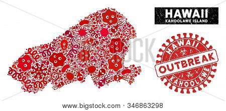 Biohazard Collage Kahoolawe Island Map And Red Rubber Stamp Seal With Outbreak Message. Kahoolawe Is