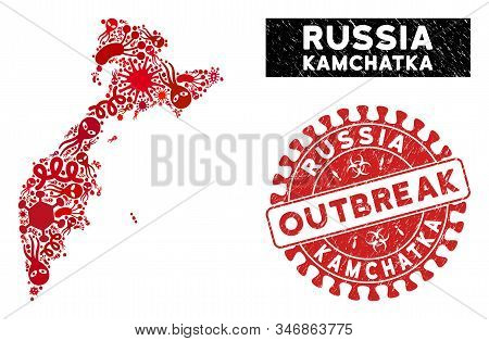 Contagious Mosaic Kamchatka Map And Red Distressed Stamp Seal With Outbreak Words. Kamchatka Map Col