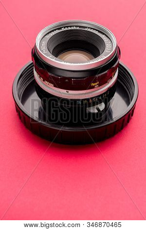 Tula, Russia - 16 December 2019: Vintage Nikon Lens On Red Background - Image